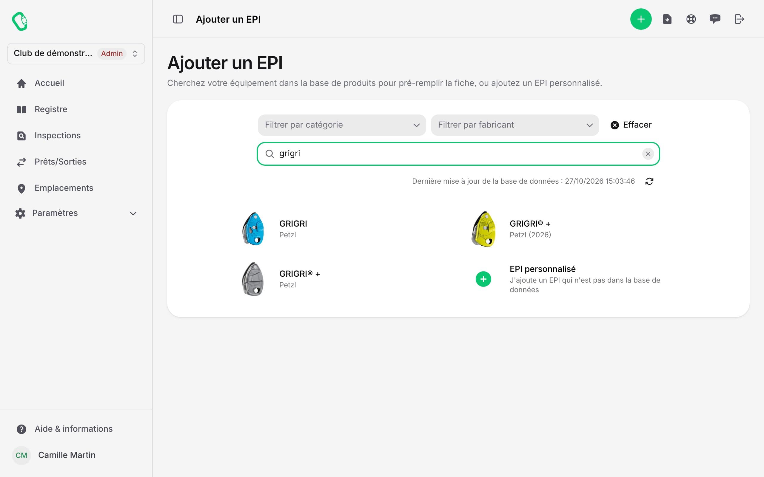 Écran d'ajout d'un EPI : la recherche « grigri » dans la base de produits propose les modèles GRIGRI et GRIGRI+ de Petzl pour pré-remplir la fiche, ou l'ajout d'un EPI personnalisé.