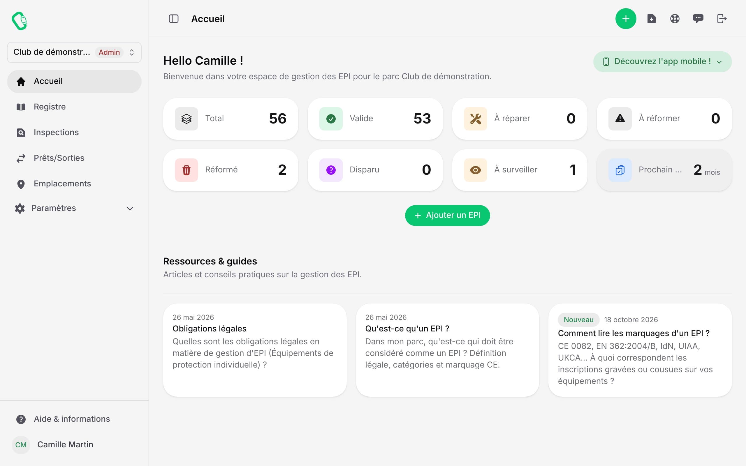 Tableau de bord de l'application web EPI Tranquille : compteurs du parc par état (56 EPI au total, 53 valides, 2 réformés, 1 à surveiller) et prochain contrôle prévu dans 2 mois.