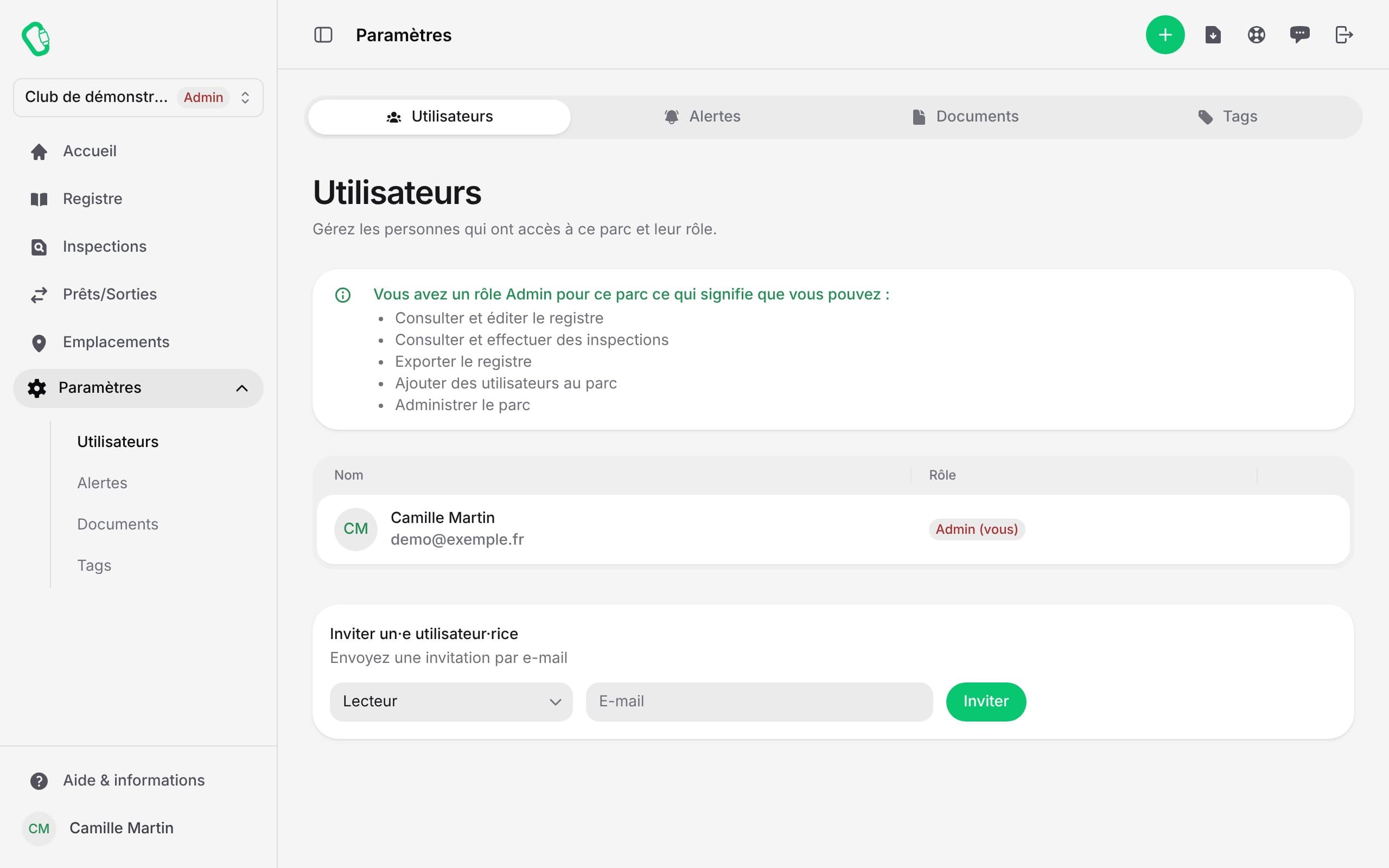 Paramètres du parc, onglet Utilisateurs : liste des personnes ayant accès au parc avec leur rôle, et formulaire pour inviter un·e utilisateur·rice par e-mail en choisissant son rôle.